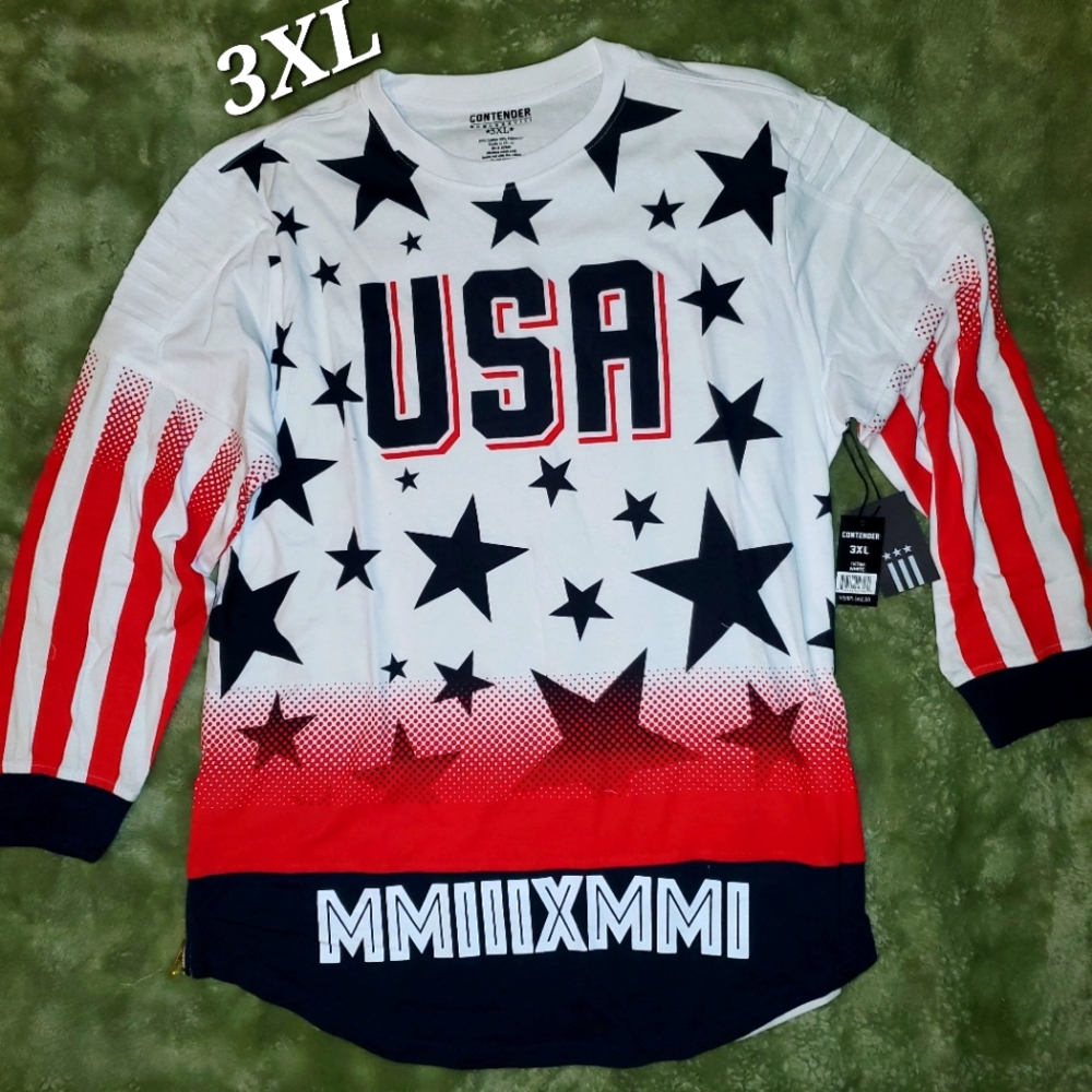 3XL - CONTENDER USA LONG SLEEVE SHIRT, FLAG DESIGN. $62.50 RETAIL